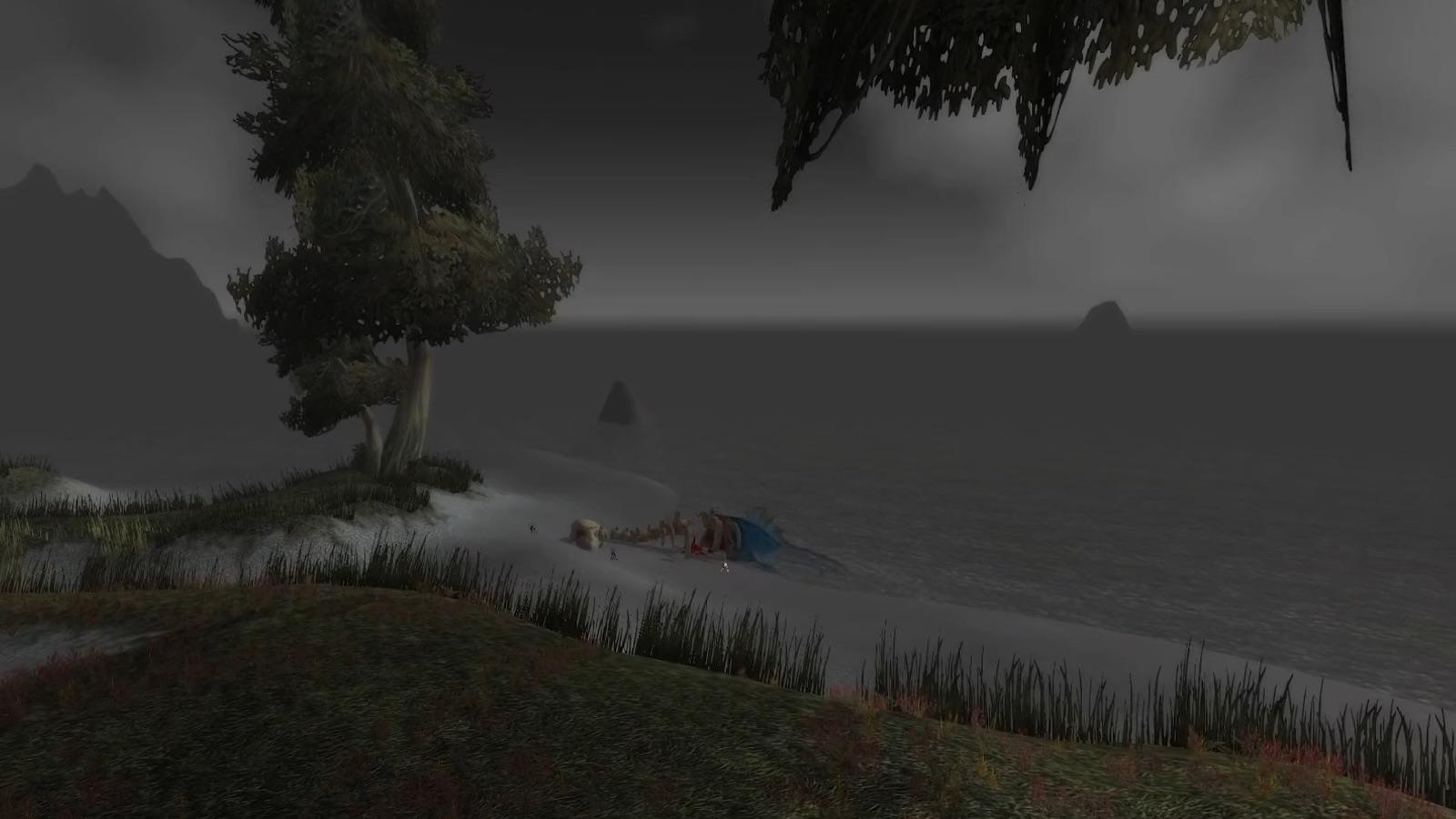 Darkshore — Darkshore shoreline: Classic's flat grey versus Forever's pink-tinted volumetric fog. — Classic