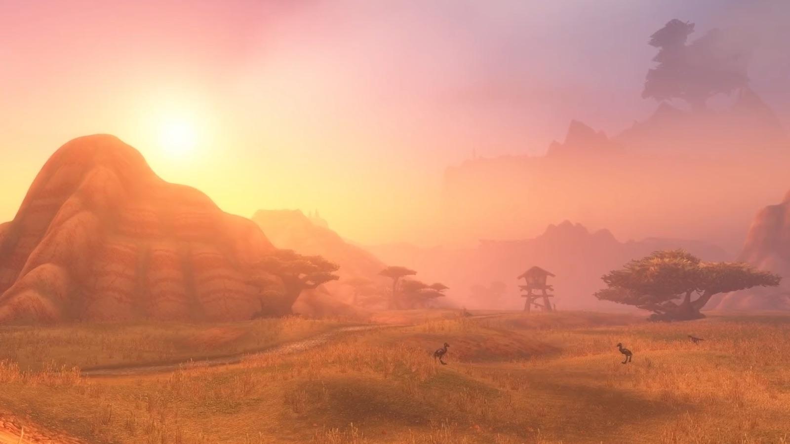 The Barrens — Barrens savanna with a watchtower: Classic's flat blue sky versus Forever's light and haze. — Forever