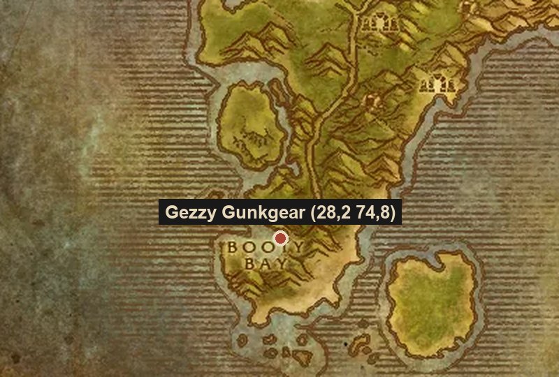 Map of southern Stranglethorn Vale with Gezzy Gunkgear marked in Booty Bay