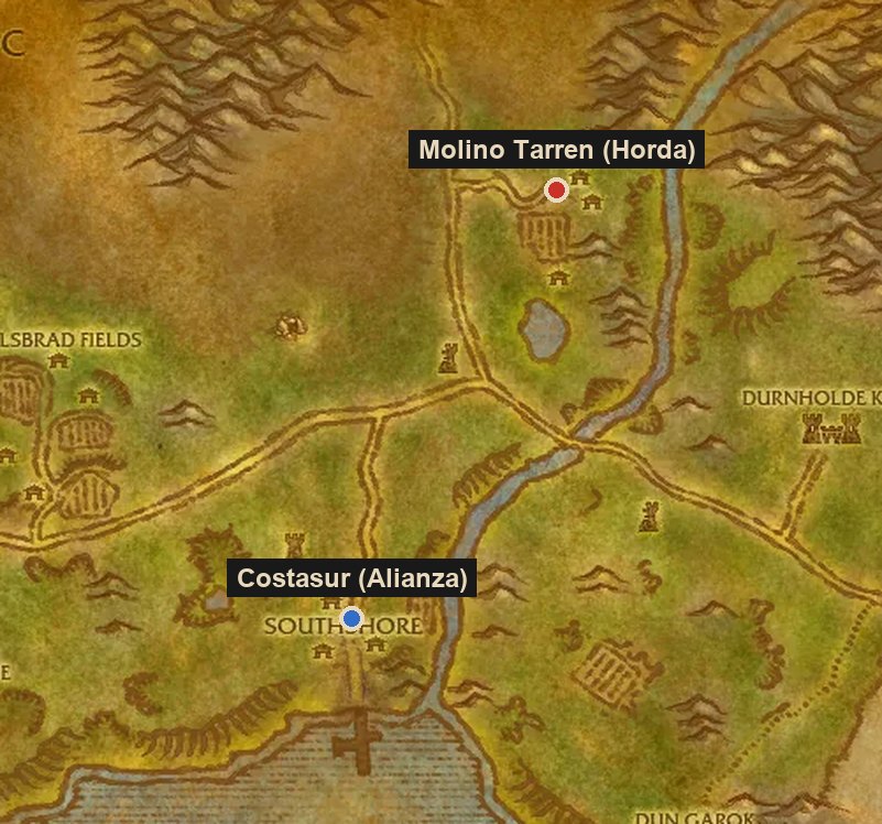 Mapa de las Laderas de Trabalomas con Costasur (Alianza) y Molino Tarren (Horda) marcados