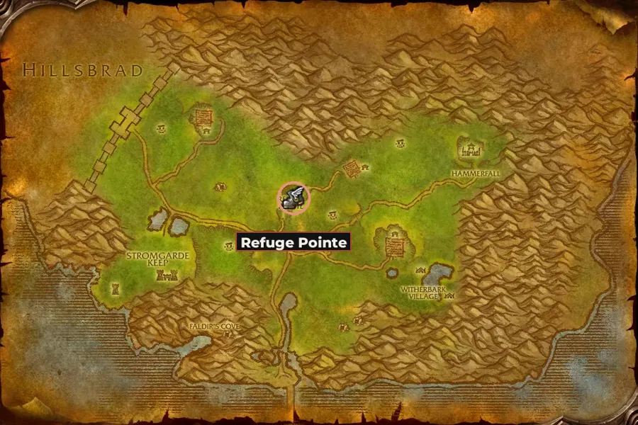 Map of Arathi Highlands with the route's towns marked