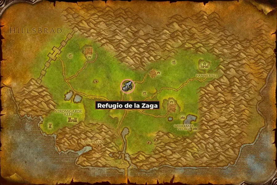 Mapa de Tierras Altas de Arathi con los pueblos de la ruta marcados