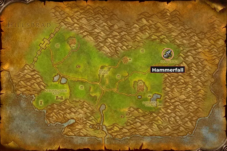 Map of Arathi Highlands with the route's towns marked