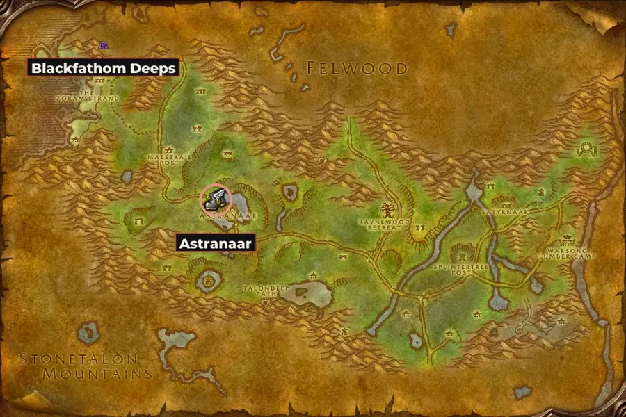 Map of Ashenvale with the route's towns marked