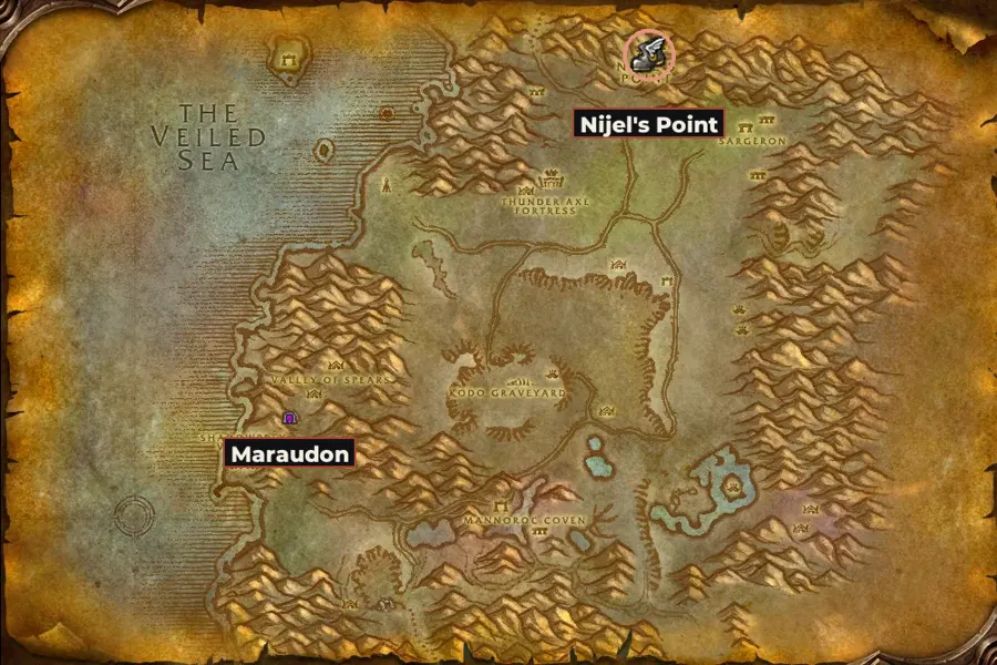 Map of Desolace with the route's towns marked