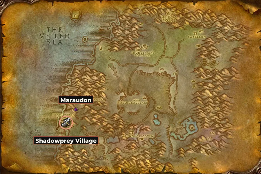 Map of Desolace with the route's towns marked