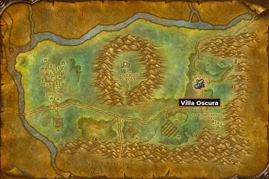 Mapa de Bosque del Ocaso con los pueblos de la ruta marcados