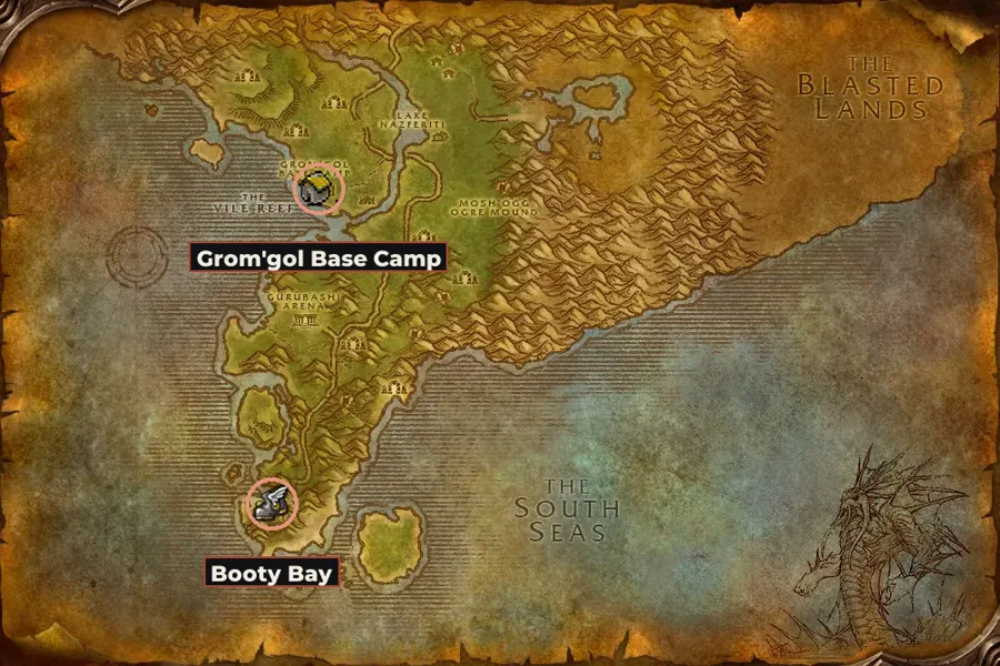 Map of Stranglethorn Vale with the route's towns marked