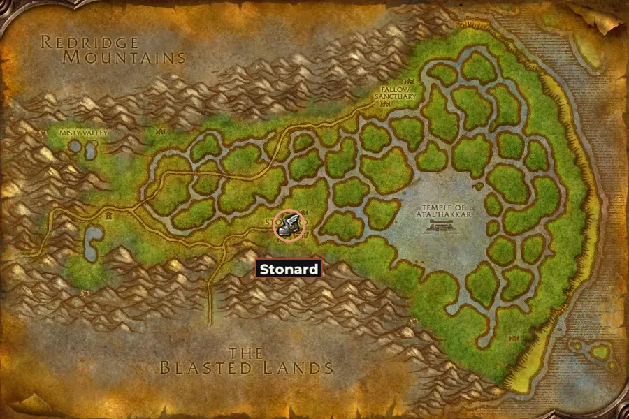 Map of Swamp of Sorrows with the route's towns marked