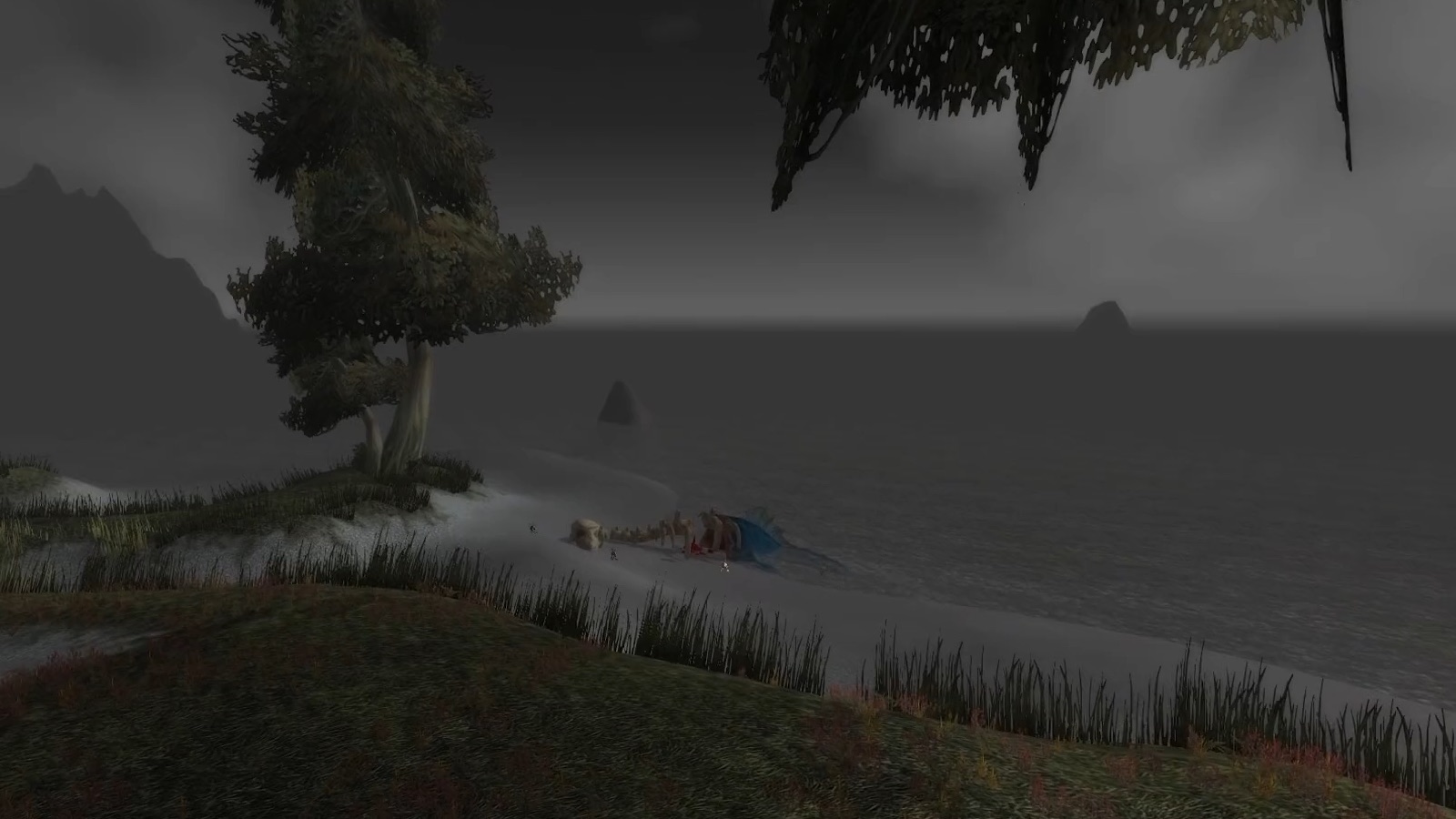Costa Oscura — Orilla de Costa Oscura: el gris plano de Classic frente a la niebla volumétrica teñida de rosa de Forever. — Classic